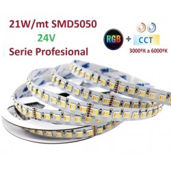 Tira LED Flexible 24V 21W/mt 60 Led/mt SMD 5050 IP20 RGB+CCT, Serie Profesional, rollo 5 mts